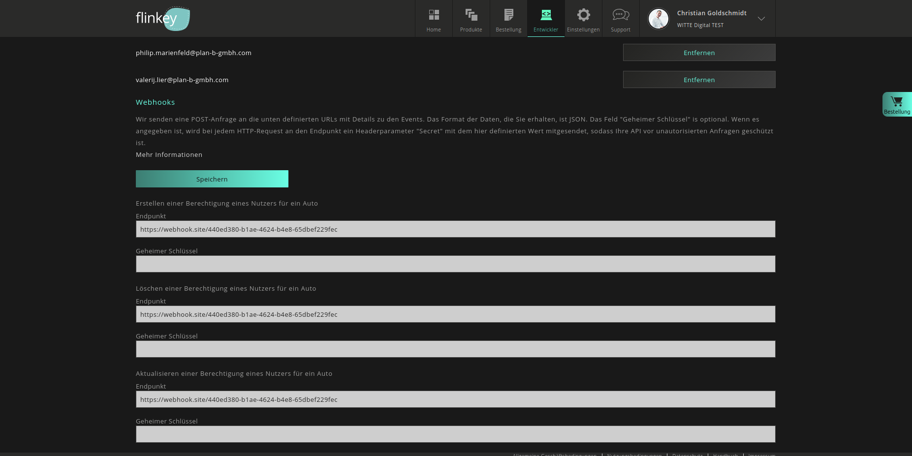flinkey Portal — Webhook configuration with endpoint URLs and secrets