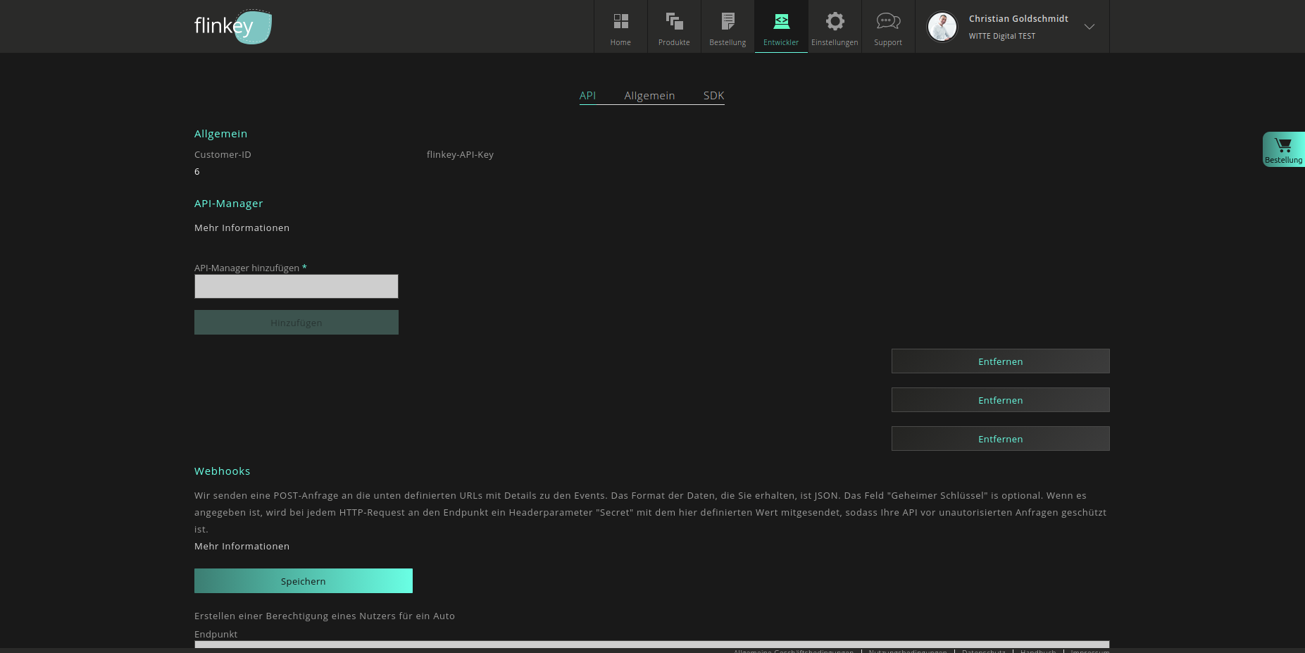 flinkey Portal — API tab with Customer-ID, flinkey-API-Key and API Manager
