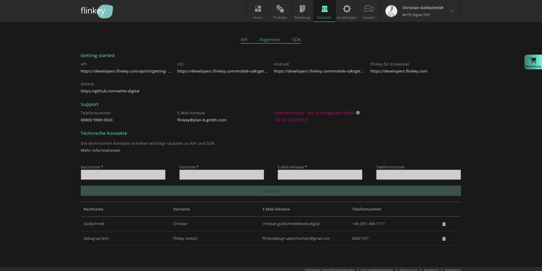 flinkey Portal — General tab with documentation links, support contacts and technical contacts