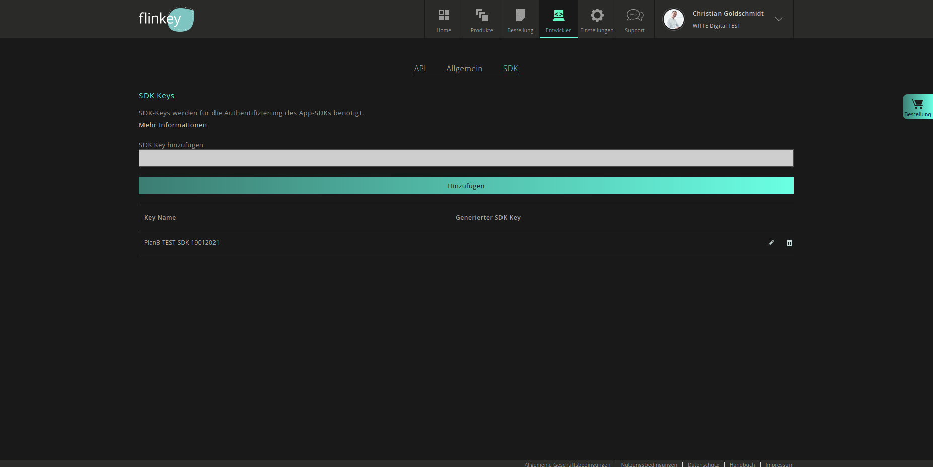 flinkey Portal — SDK tab with SDK Key management